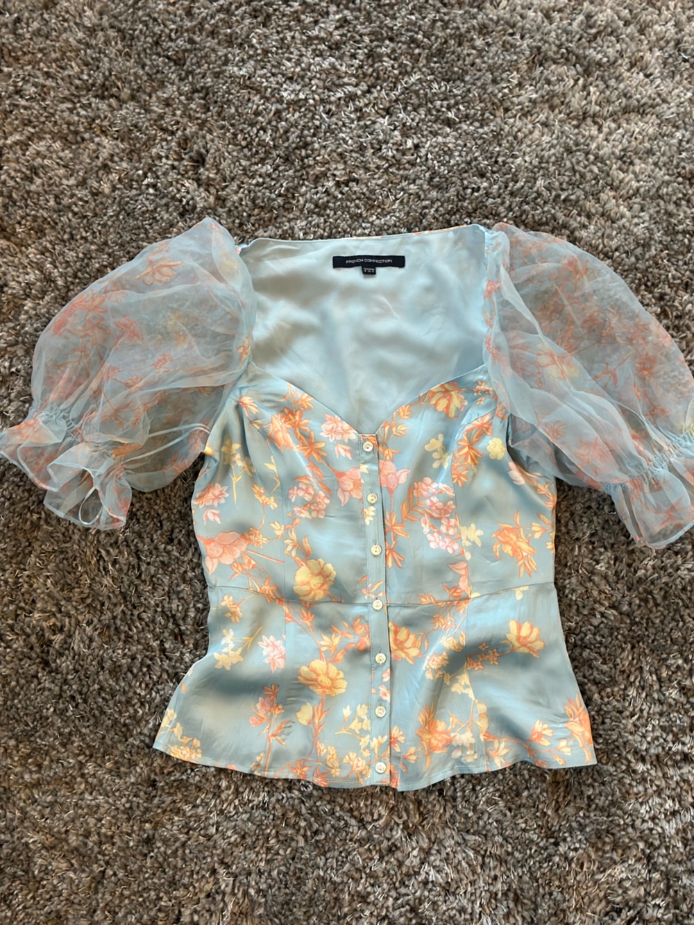 French Connection-Sheer Puff Sleeve Floral Button-Front Top